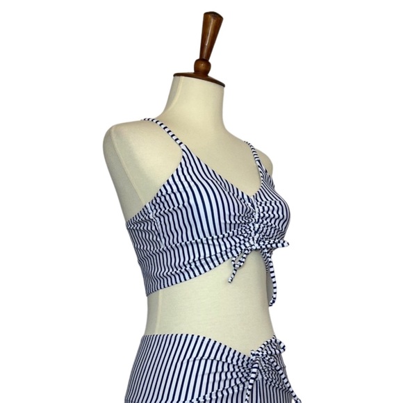 Sporty Blue and White Striped Drawstring Bikini with Boy Shorts - Picture 10 of 14